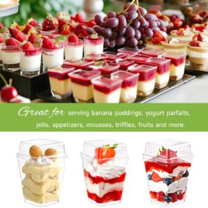 Qeirudu 50 Pack 5 oz Dessert Cups with High Lids and Spoons, Mini Plastic Yogurt Parfait Cups Square Party Serving Cup for Pudding, Appetizer, Fruit and Ice Cream