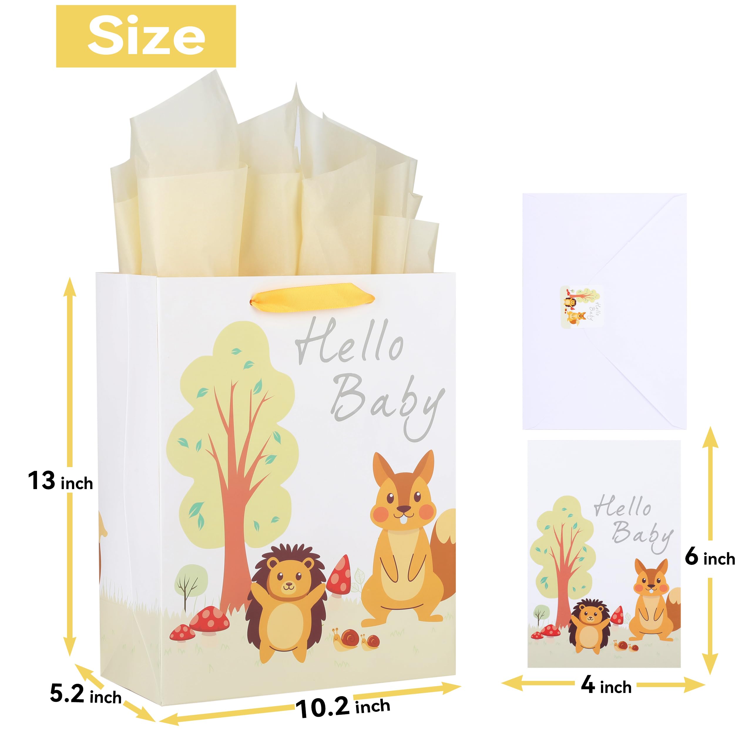 13" Large White Gift Bag Set with Greeting Card and Tissue Papers (Hello Baby Design) for Girls' Birthday Party, Baby Shower, Baby Girl or Boy - 10.2”x5.2”x13”, 1 Pcs.