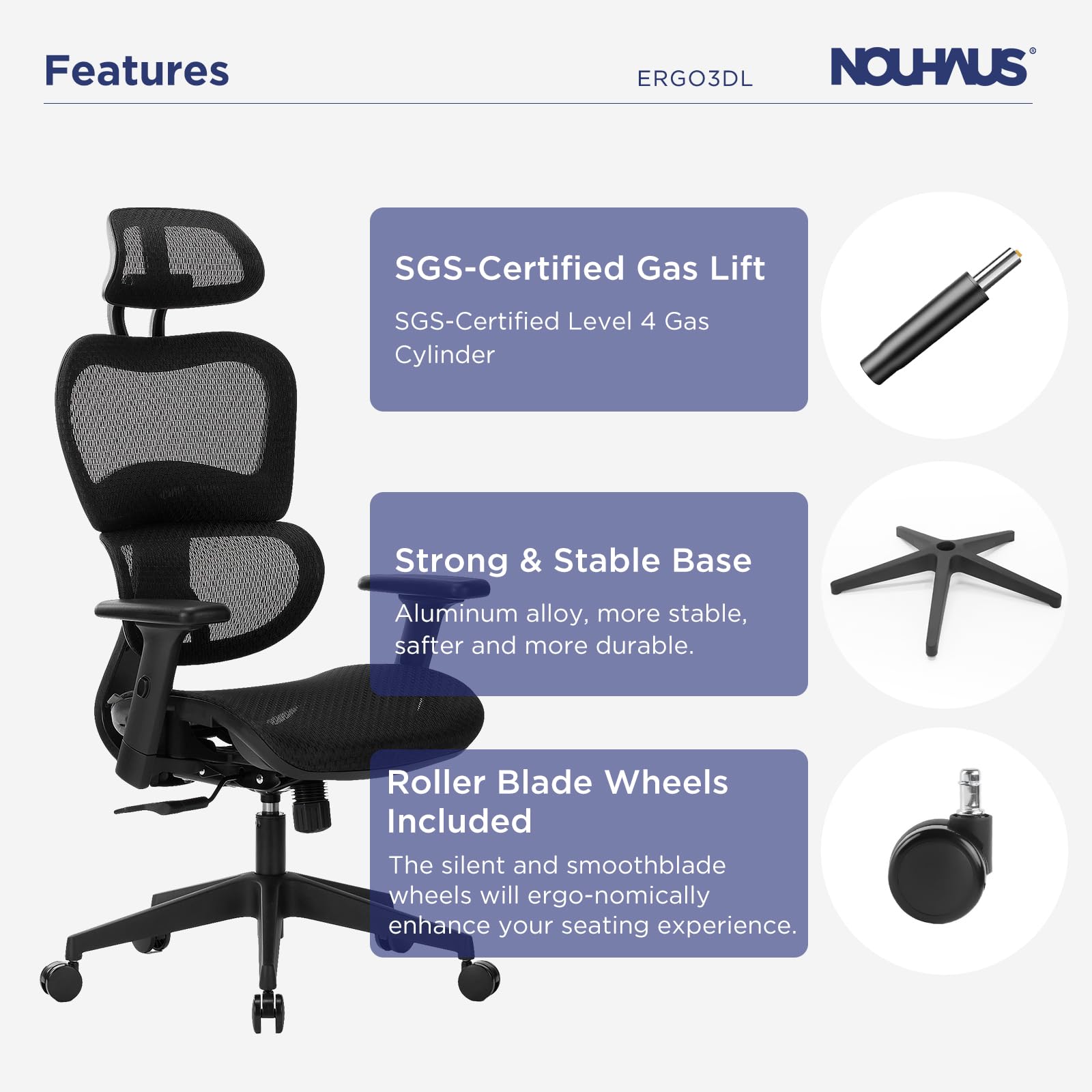 Nouhaus Ergo3dL Home Office Desk Chairs Ergonomic Office Chair High-Back Mesh Rolling Work Chairs with Wheels and Adjustable Headrests Comfortable Lumbar Support Adjustable Armrests