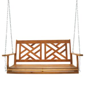 outvita 4.1 ft porch swing, acacia wood swing bench patio for courtyard, garden, with heavy duty hanging chain, swing chair for outdoors, gazebo weight capacity-800 lbs