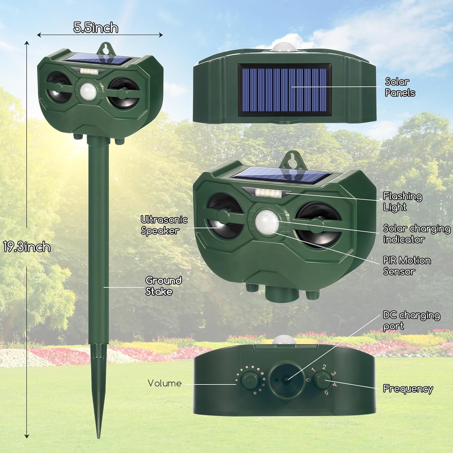 Ultrasonic Solar Animal Repellent Outdoor Deer Repellent Waterproof Animal Deterrent Adjustable Frequency Flashing Lights, Animal Repeller Defender Keep Cat Fox Squirrel Skunk Raccoon Out of Yard (1)