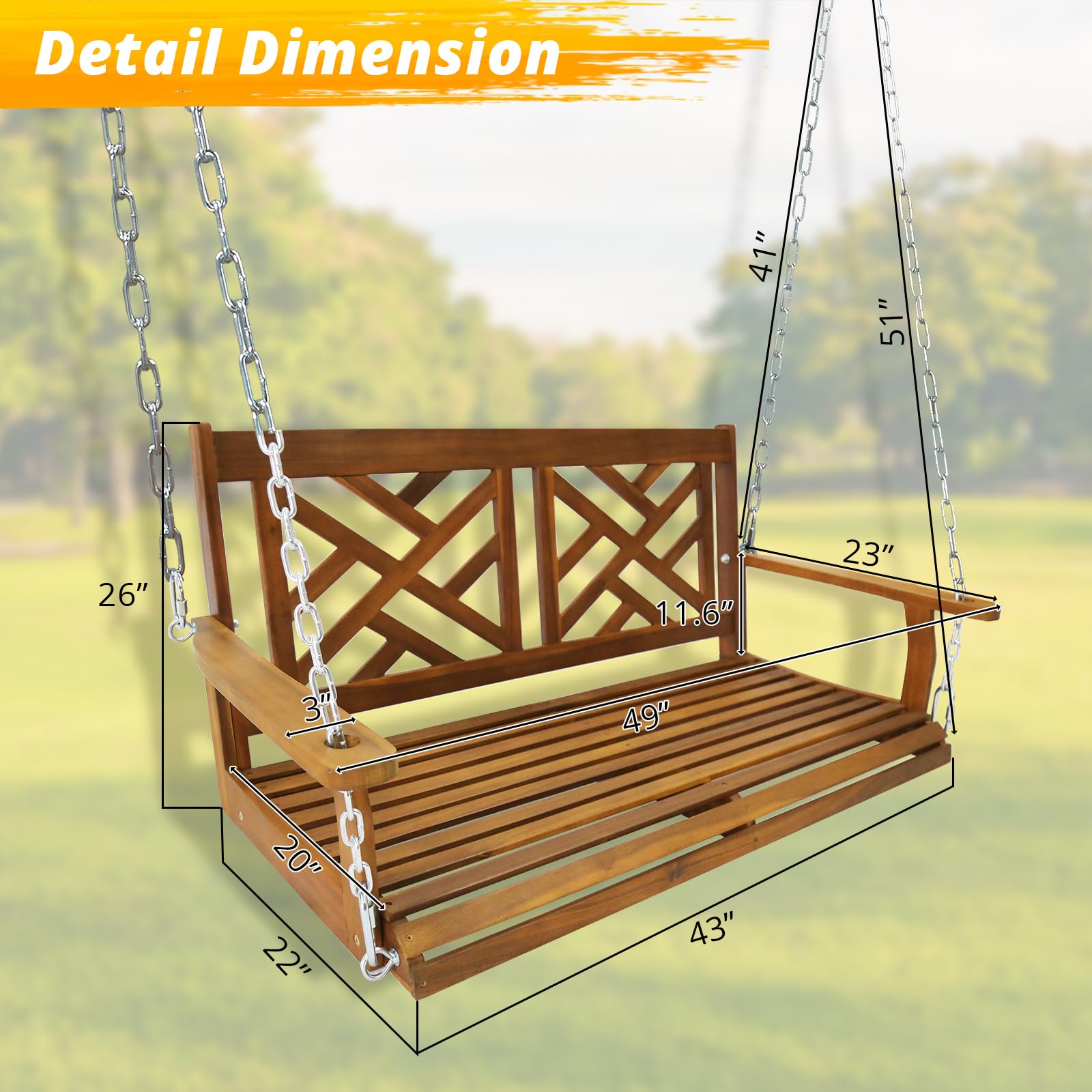 Outvita 4.1 FT Porch Swing, Acacia Wood Swing Bench Patio for Courtyard, Garden, with Heavy Duty Hanging Chain, Swing Chair for Outdoors, Gazebo Weight Capacity-800 LBS