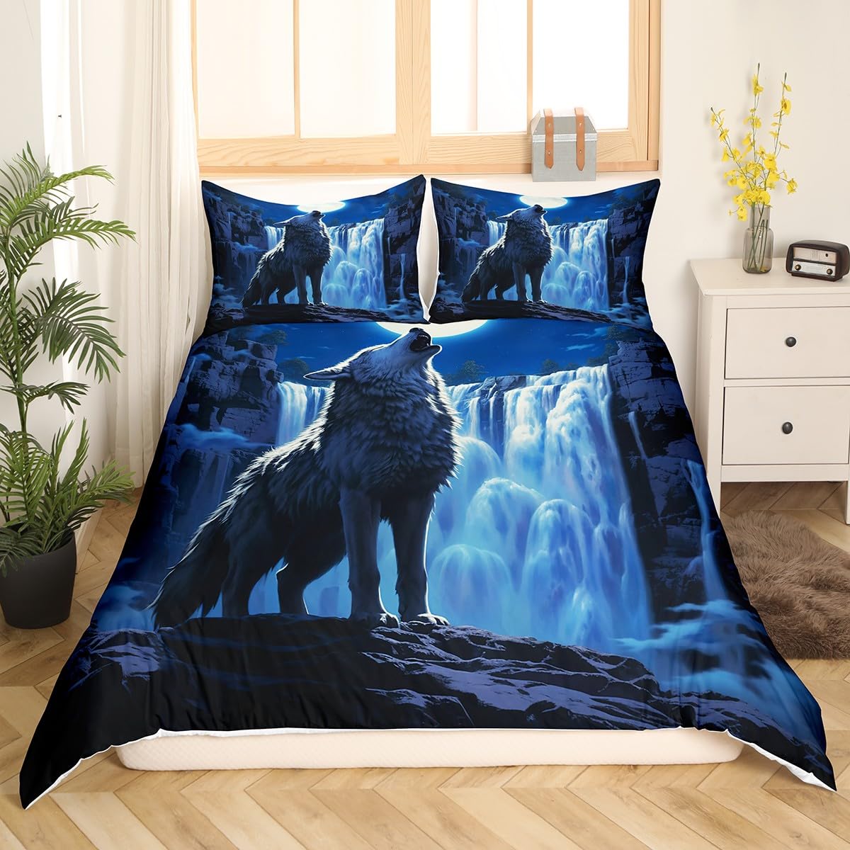 Moon Howling Wolf Bedding Set Twin Size,3D Wolf Duvet Cover Set Kids Boys Girls Room Decor,Waterfall Wild Animal Moonlight Comforter Cover 2Pcs,Blue Dark Night Nature Bedspreads Cover,1 Pillowcase