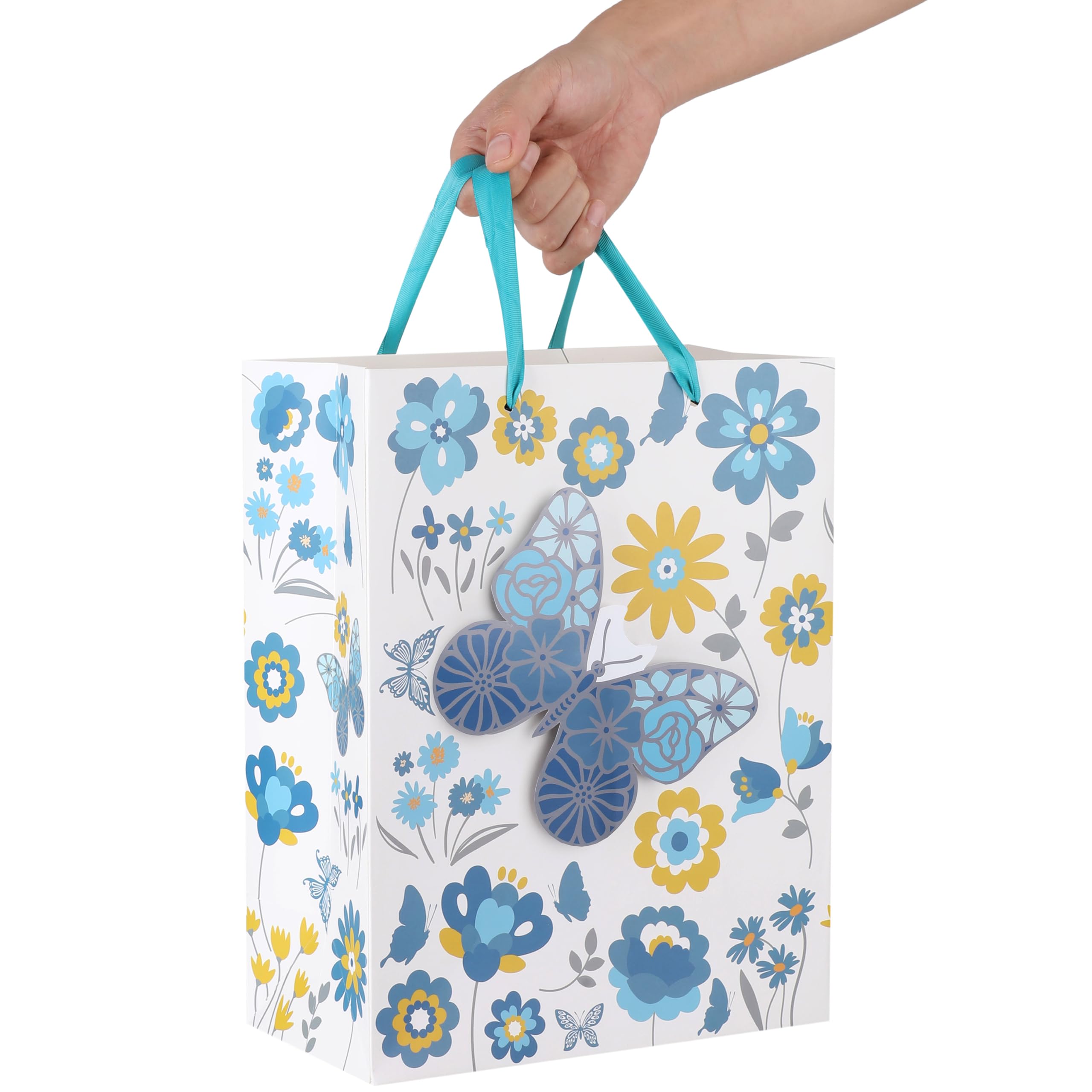 13" Large Turquoise and Yellow Gift Bag Set with Greeting Card and Tissue Paper(3D Butterfly) for Celebrating Birthdays, Baby Shower, Mother's Day, Weddings, Anniversary, Valentine's Day - 10.2”x5.2”x13”, 1 Pcs.