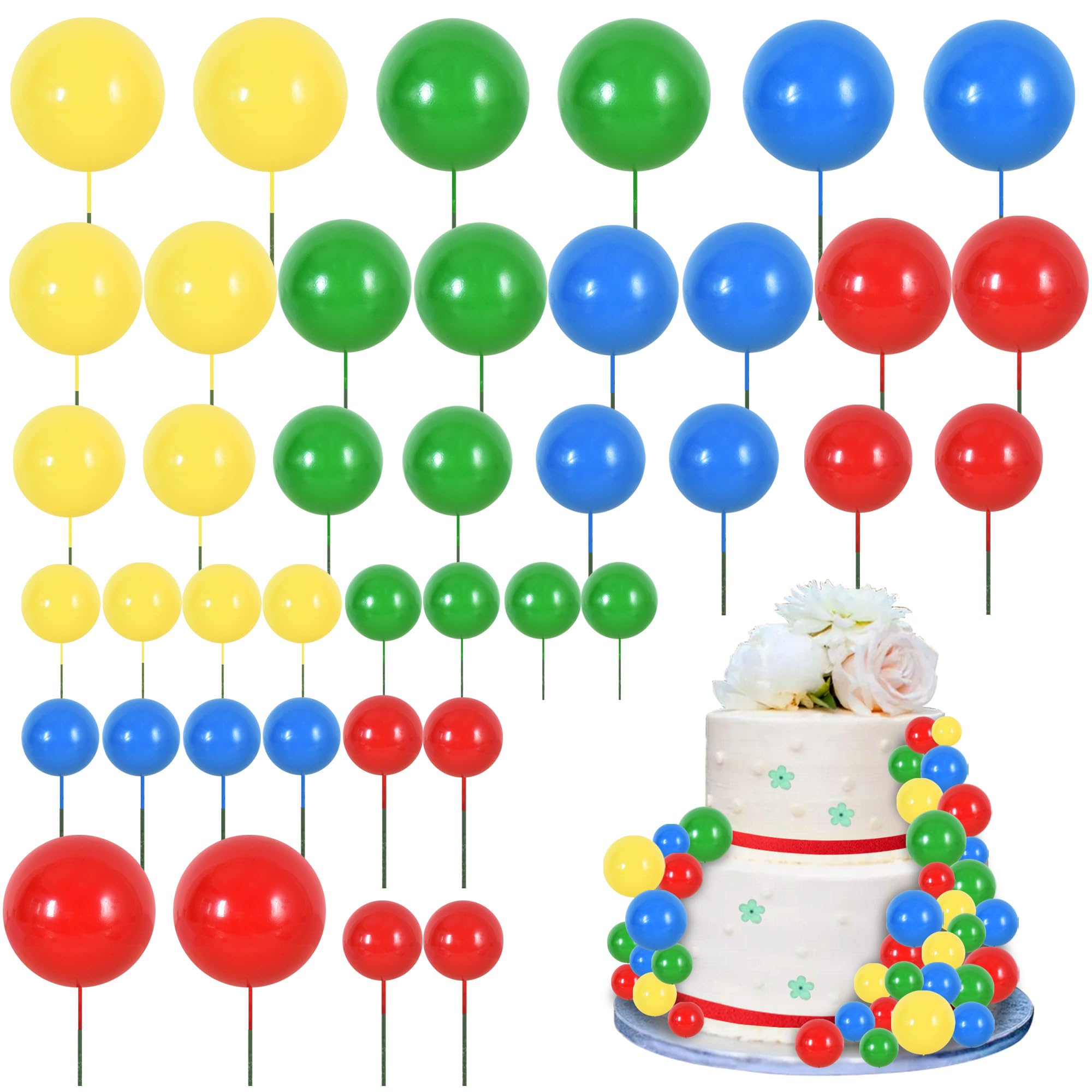 BEISHIDA 40 Pcs Ball Cake Toppers Mini Balls Cake Decorations Foam Balls DIY Cake Topper Insert Balls Cake Decorations for Baking Birthday Wedding Baby Shower Anniversary (Red Blue Yellow Green)