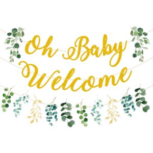 gifloon pre-strung baby shower decorations, oh baby banner welcome baby eucalyptus leaves for gender geveal party decorations