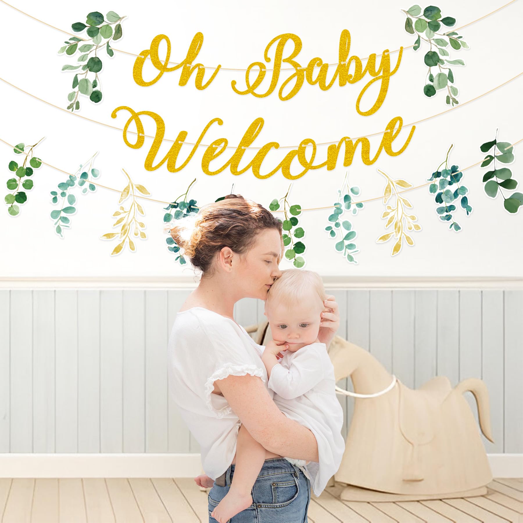 Gifloon Pre-Strung Baby Shower Decorations, Oh Baby Banner Welcome Baby Eucalyptus Leaves for Gender Geveal Party Decorations