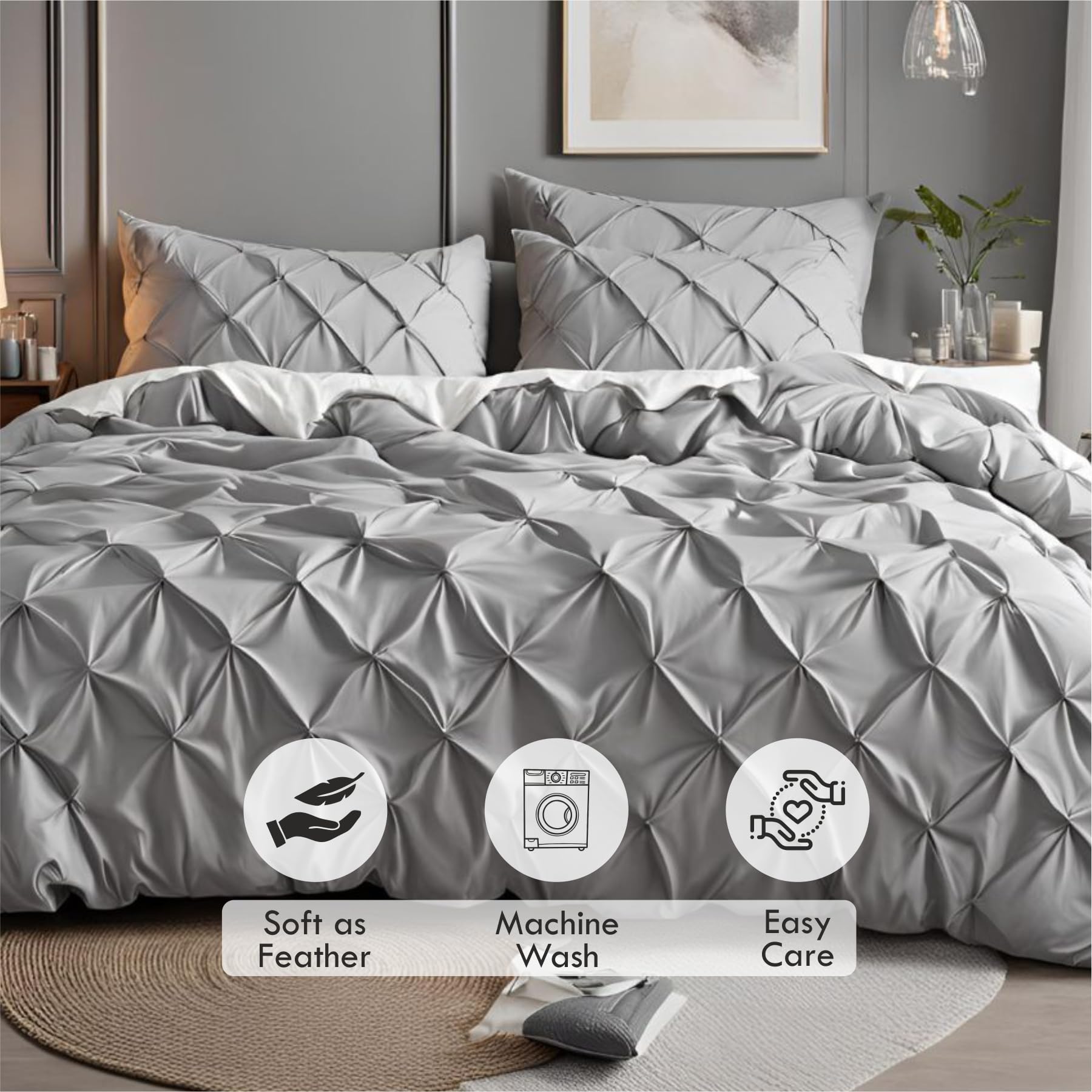 Epinch_Pinch Pleated Duvet Cover Set 1200TC 100% Cotton Luxurious Home 3Piece 1Pinch Duvet Cover 2Pinch Pillowcase Zipper Tie Closure Pack of 1