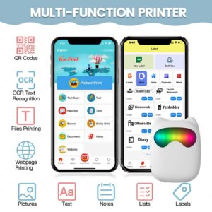 Mini Sticker Printer, Inkless Pocket Sticker Printer with 6 Color Lighting Modes, Bluetooth Thermal Printer with 13 Rolls Paper Compatible with Android & iOS for Journal, Memo, Photo, DIY, Gifts