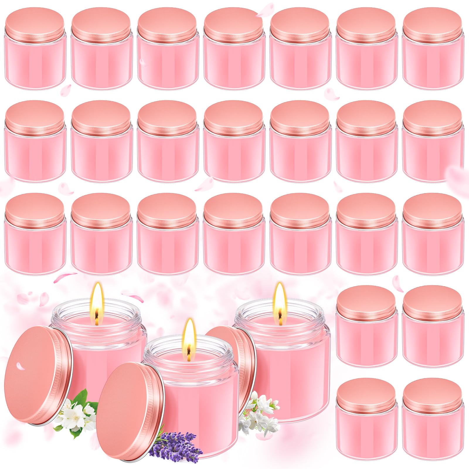 Conelist 24 Pcs Mini Mason Jar Candles Bulk 4 oz Scented Wax Candles Gift Small Soy Scented Candles with Lid Party Favor for Birthday Baby Shower Wedding, Freesia, Jasmine, Lavender(Pink, Rose Gold)