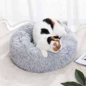 Lemuluxe Cat Beds for Indoor Cats, 15 inches Small Dog Bed Calming Plush Cat Bed Fluffy Round Dog Bed Donut Dog Bed Soft Puppy Pet Bed Cat Beds Kitten Beds for Indoor Kittens (Grey)