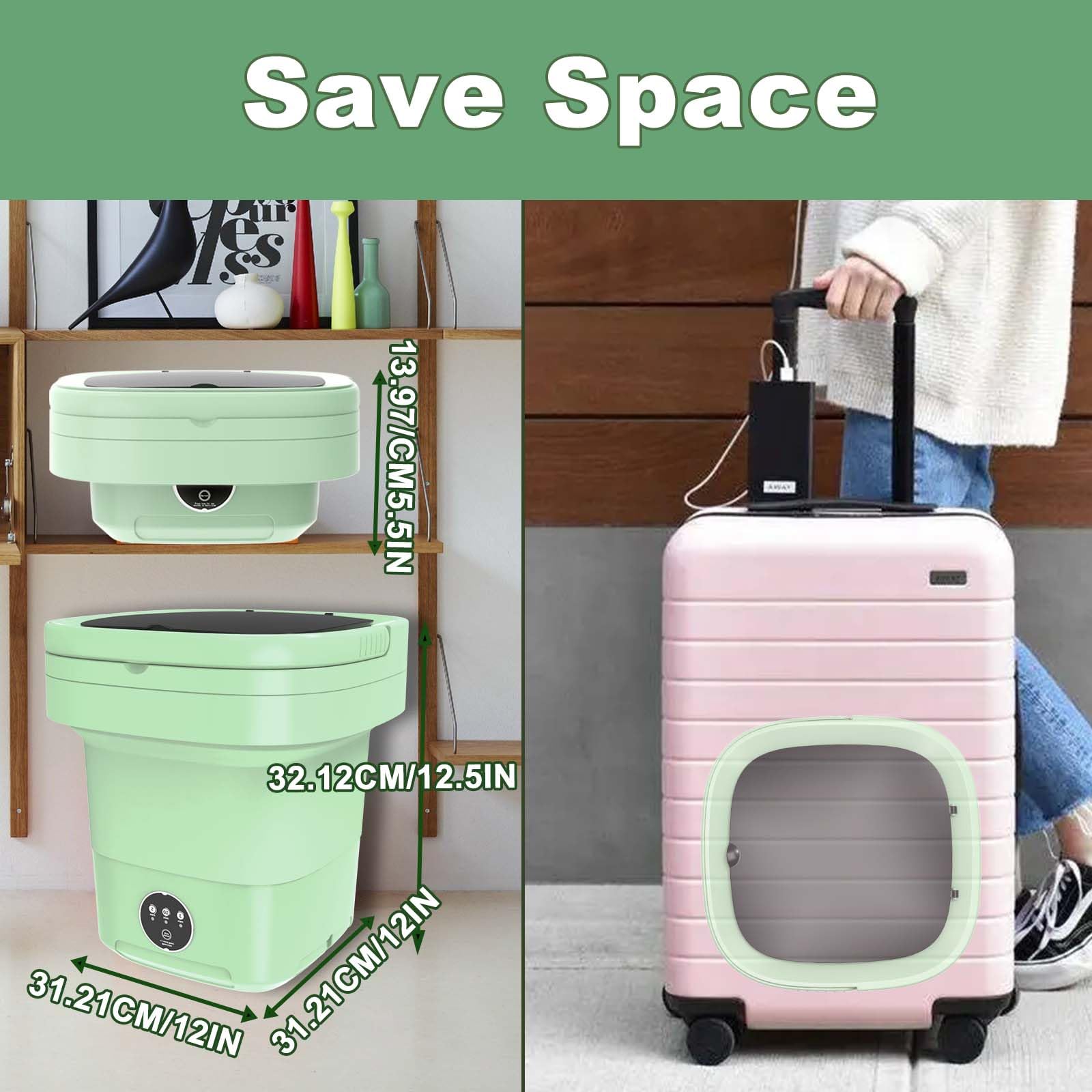 Mini Washing Machine, 11L Large Capacity, Foldable Portable Washing Machine with Spin Dryer, Small Collapsible Laundry Washer for Travel, Apartment, RV, Underwears, Socks, Baby Clothes, Green