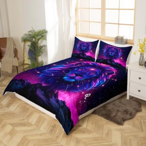 Leo Kids Duvet Cover Set Full Size,Starrry Sky Galaxy Romantic Bedding Set,Boys Girls Room Decor,12 Constelleations Western Astrology Zodiac Comforter Cover,Blue Purple Quilt Cover,2 Pillowcases