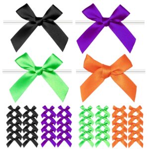 twist tie bows halloween, 100 pcs satin bows for halloween treat bags candy bags bakery tying up packages, ribbon bows pre-tied bow for gift wrapping packaging party decoration (4 colors)