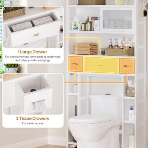 Cozivolife Over The Toilet Storage Cabinet with Acrylic Sliding Door Panel,Bamboo Organizer Shelf with 2 Toilet Paper Drawers and 1 Big Drawer,Toilet Rack for Bathroom (White)