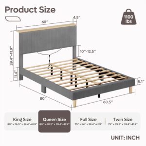 Bestier Queen Size Bed Frame with Headboard, Corduroy Upholstered Adjustable Platform Bed with Storage Shelf, Bedside LED Bed Frame, Solid Wood Slats Support, No Box Spring, No Squeaks(Grey)