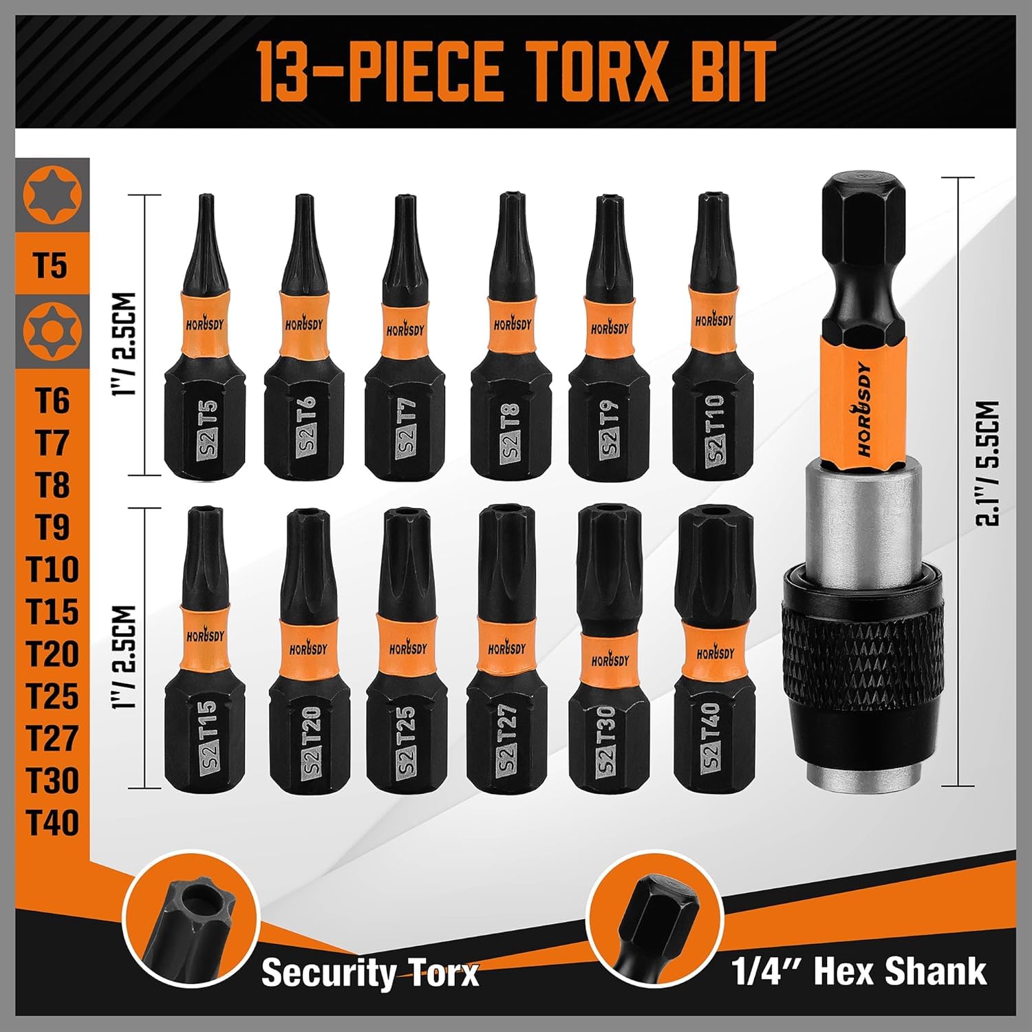 HORUSDY 13Pieces T5-T40 Torx Bits Set - Torx Security Bit Set - Security Torx Bit Set | Star Bits Set - 1/4 Hex Torx