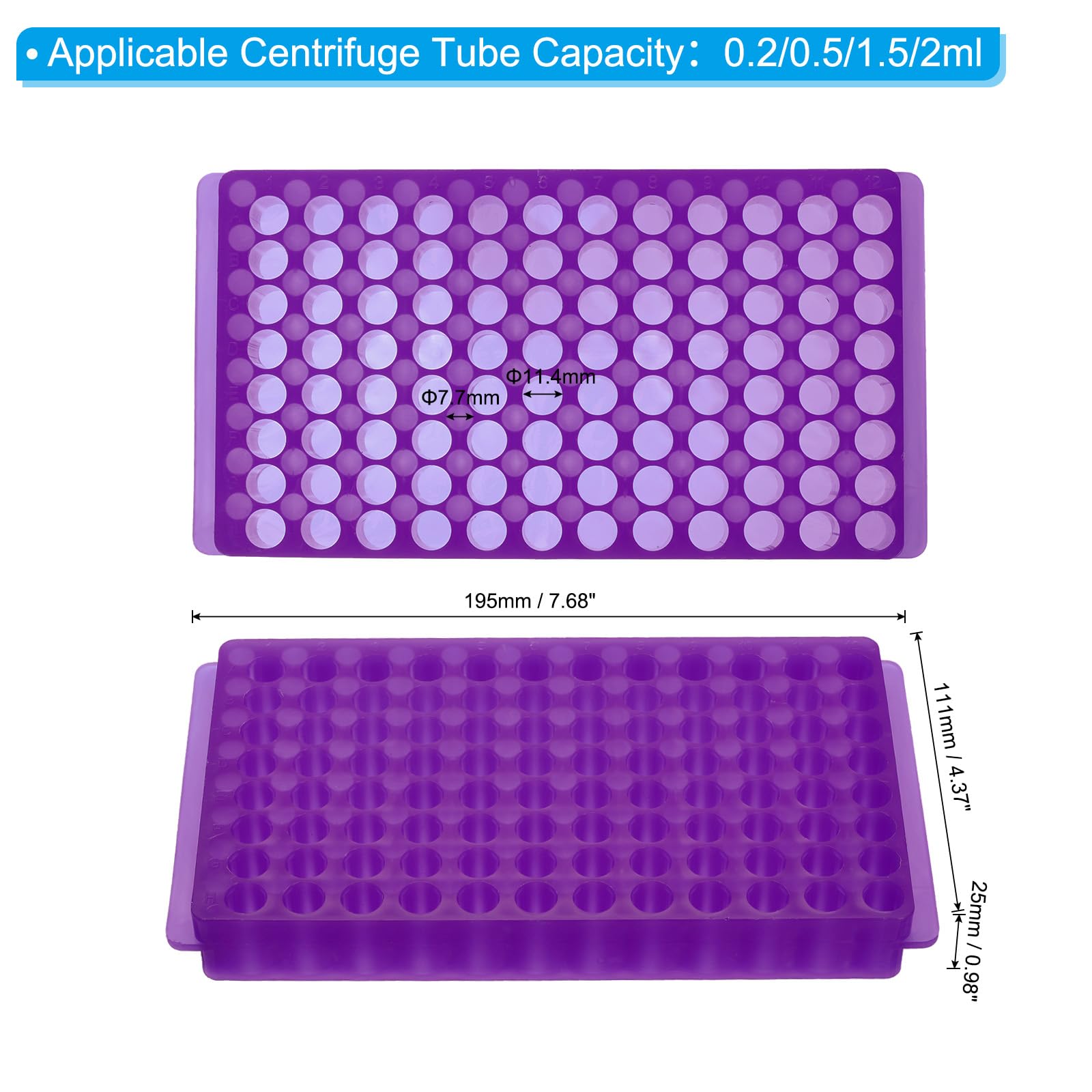 PATIKIL 96 Wells Tube Rack, 1 Pcs Vial Rack Double Panel Centrifuge Tube Holder for Microcentrifuge Tubes 0.2/0.5/1.5/2ml, Purple