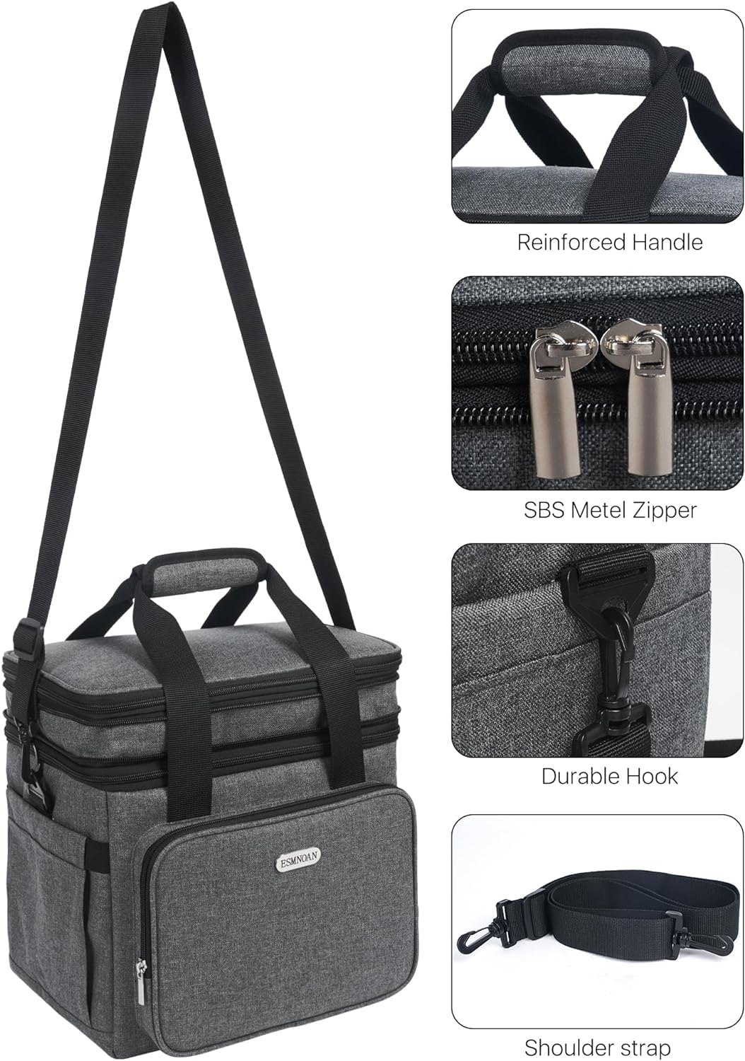 ESMNOAN Lunch Box for Men Women, Double Durable Expandable Leakproof Insulated Lunch Bag, Cooler Bag with Adjustable Shoulder Strap for Work Shift, Travel and Outdoor Picnics, 20L Grey