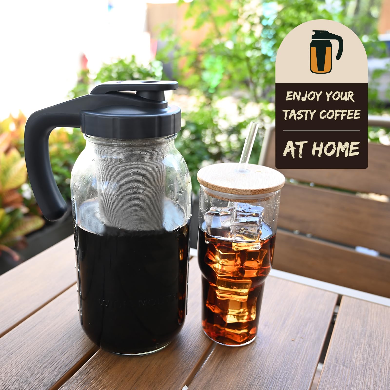 LIVEBAY Cold Brew Coffee Maker, Glass Mason Jar Pitcher with Heavy Duty Stainless Steel Mesh Filter & Flip Cap Lid - Iced Tea & Coffee (2 Quart /64 oz)-Gray