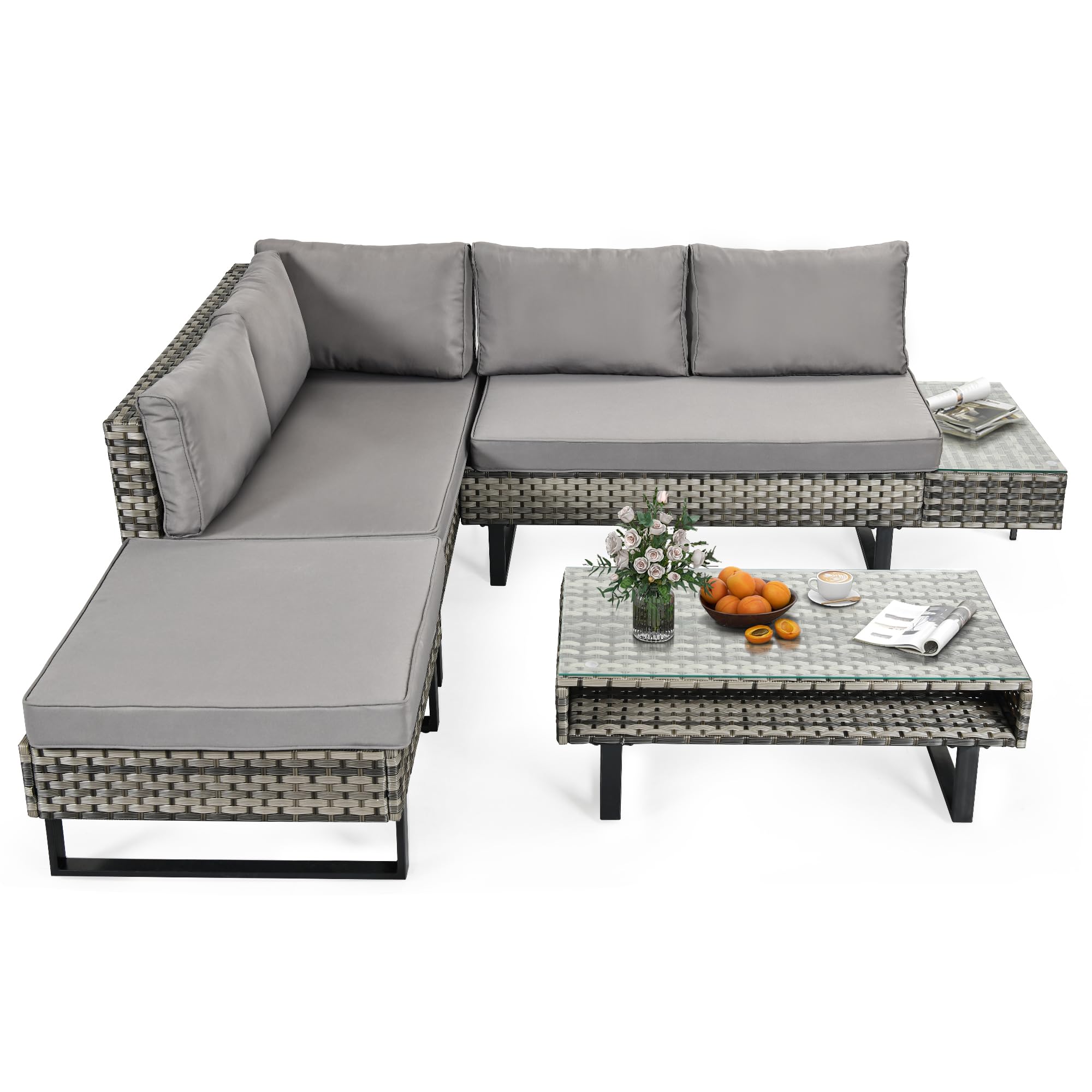 DWVO Patio Furniture Set, Sectional L-Shaped Sofa, for Patio Backyard Poolside Porch, Wicker Conversation Set with Coffee Table & Cushions, Detachable Lounger, All-Weather Rattan, Grey