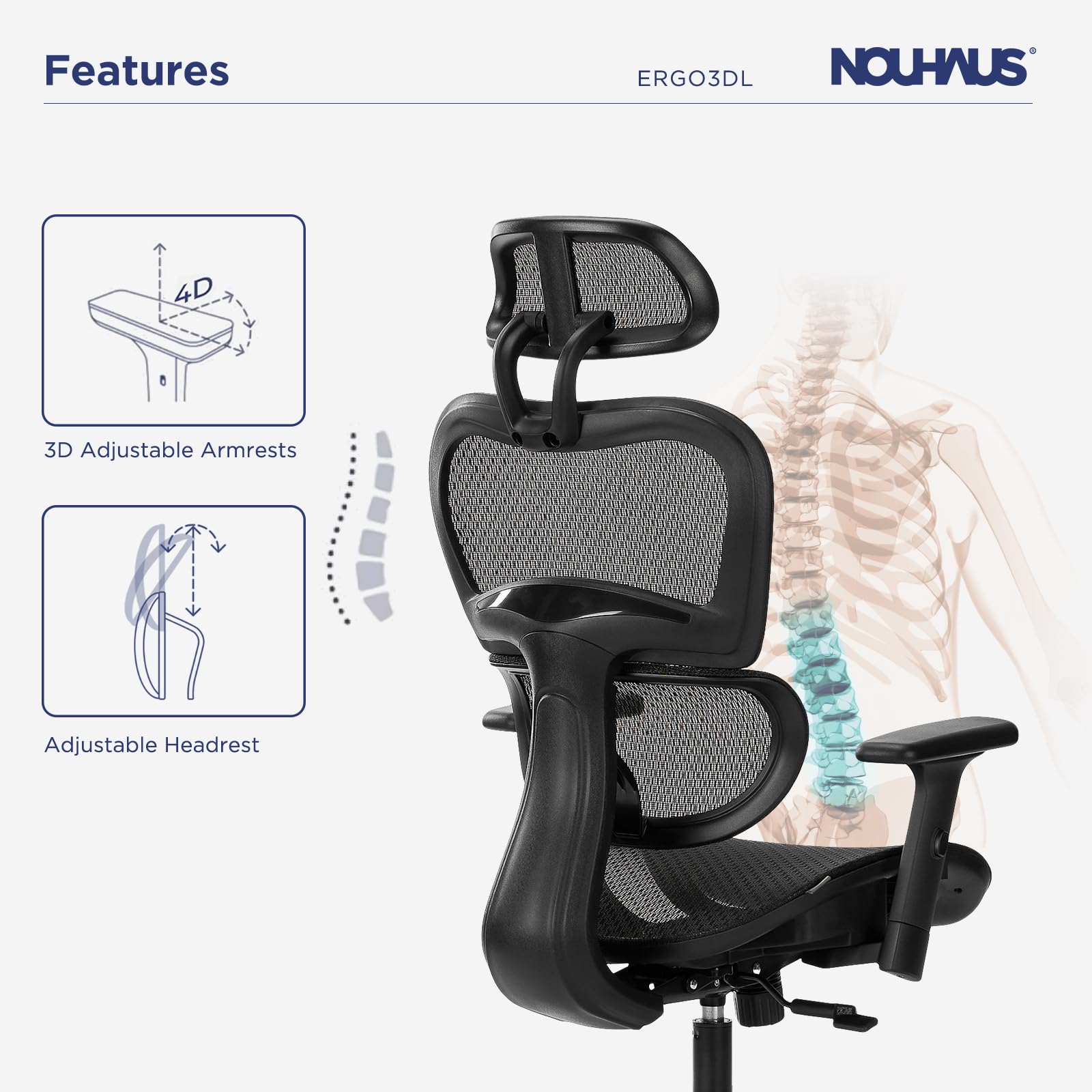 Nouhaus Ergo3dL Home Office Desk Chairs Ergonomic Office Chair High-Back Mesh Rolling Work Chairs with Wheels and Adjustable Headrests Comfortable Lumbar Support Adjustable Armrests