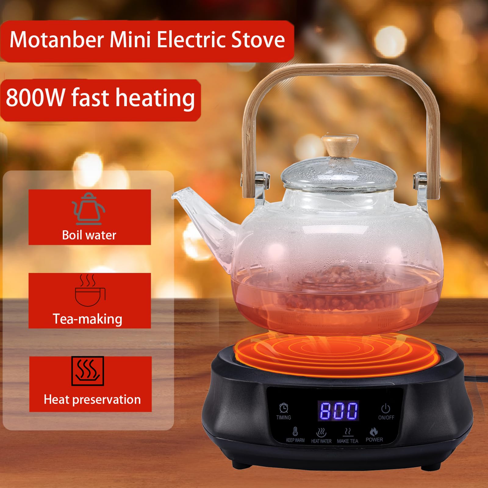 Motanber Mini Electric Stove,800W Hot Plates with 6.1”Countertop Single Burner,8 Level Temperature Control,Portable Compact Induction Cooktop,Easy to Clean,for Boiling Water, Making Tea(Black)