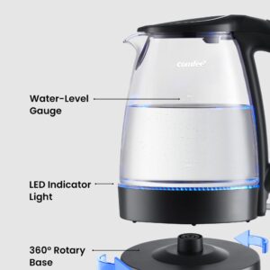 COMFEE' Electric Kettle, 1.7L Hot Water Boiler, 1500W Fast Boil, Glass Electric Tea Kettle with LED Indicator, Auto Shut-Off and Boil-Dry Protection, BPA Free