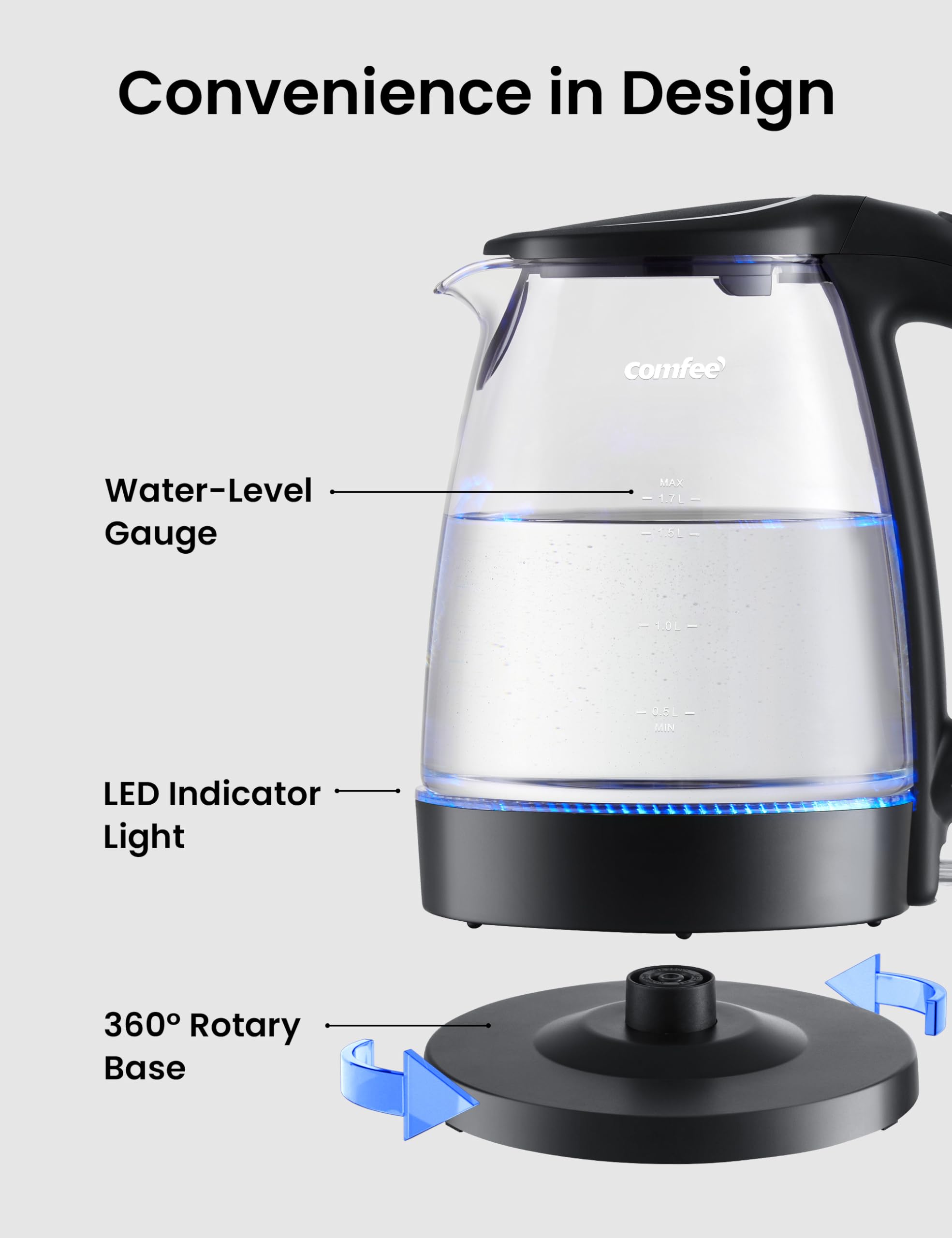 COMFEE' Electric Kettle, 1.7L Hot Water Boiler, 1500W Fast Boil, Glass Electric Tea Kettle with LED Indicator, Auto Shut-Off and Boil-Dry Protection, BPA Free