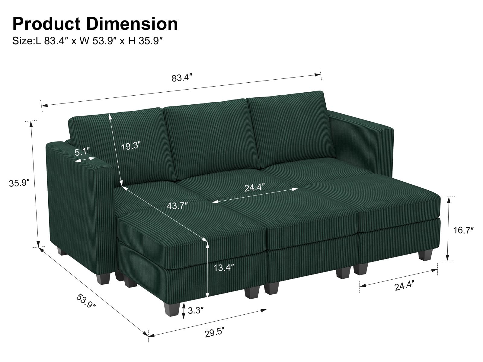 Belffin Corduroy Sectional Sleeper Sofa with Storage Ottoman, Modular Luxury Sectional Sofa with Chaise, Convertible Modern Sectional for Living Room, Green