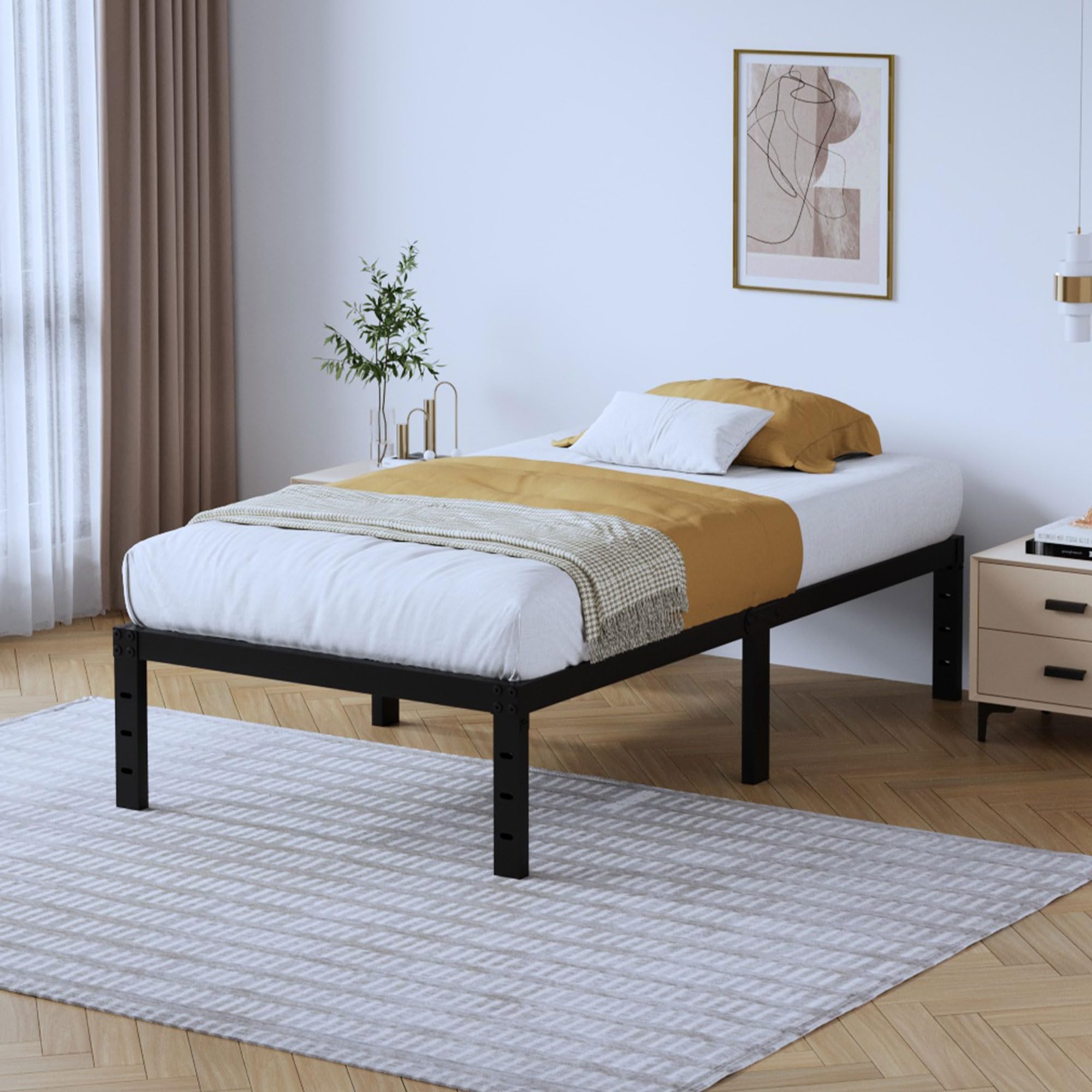 SHOANED Twin Metal Bed Frame - 14 Inch Tall Heavy Duty Bedframe Black Basic Steel Slats Platform No Box Spring Needed/Easy Assembly/Noise Free