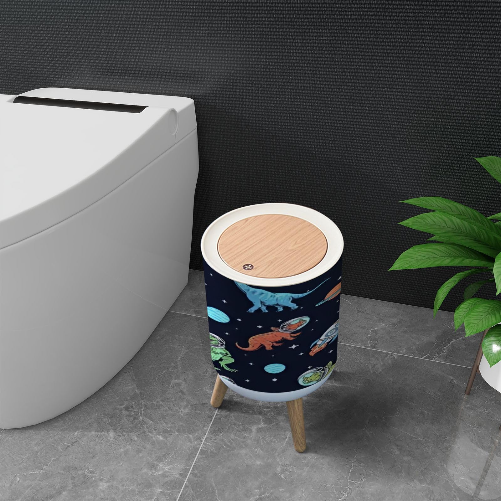 Trash Can with Lid Dinosaurs space seamless pattern Hand drawn dinosaur cartoons space Garbage Can Round Waste Bin Press Cover Dog Proof Wastebasket for Kitchen Bathroom Living Room Nursery 1.8gal