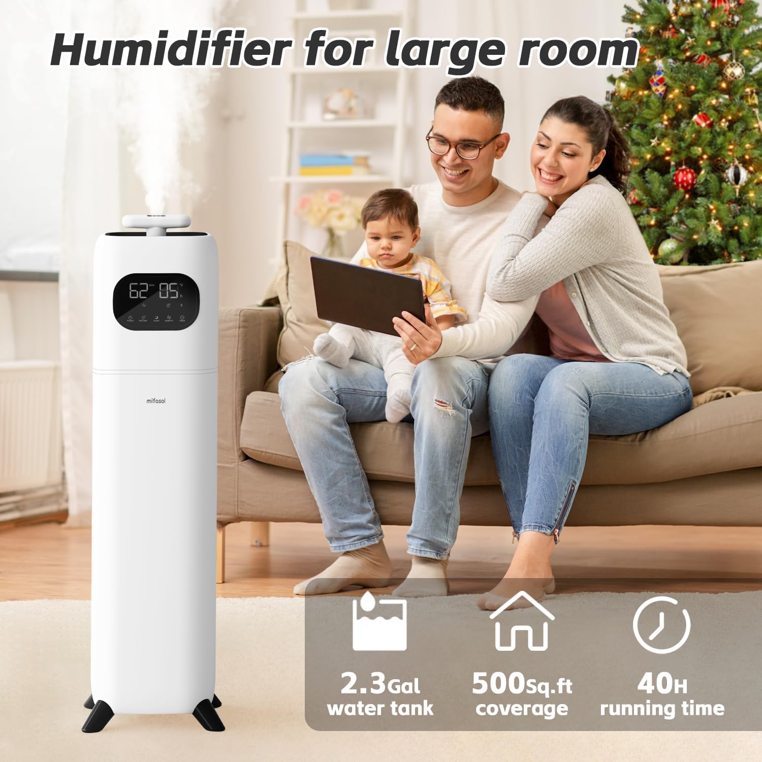 Large Humidifiers for Bedroom,2.3Gal/9L Ultrasonic Cool Mist Humidifier for Home, Easy Clean Humidifier with Remote &Timer, Quiet Tower Humidifier for Kids Room Plant Yoga(White)