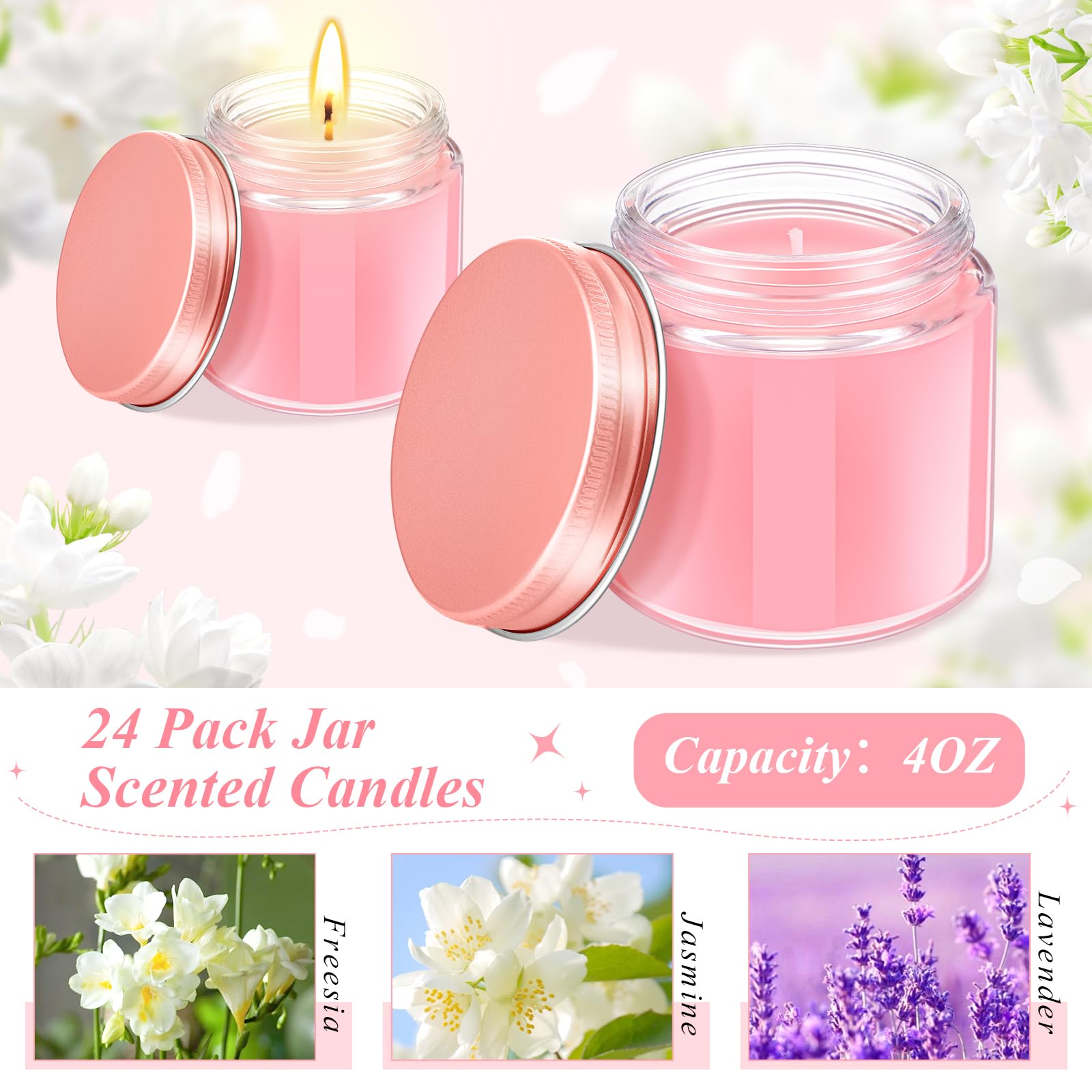 Conelist 24 Pcs Mini Mason Jar Candles Bulk 4 oz Scented Wax Candles Gift Small Soy Scented Candles with Lid Party Favor for Birthday Baby Shower Wedding, Freesia, Jasmine, Lavender(Pink, Rose Gold)