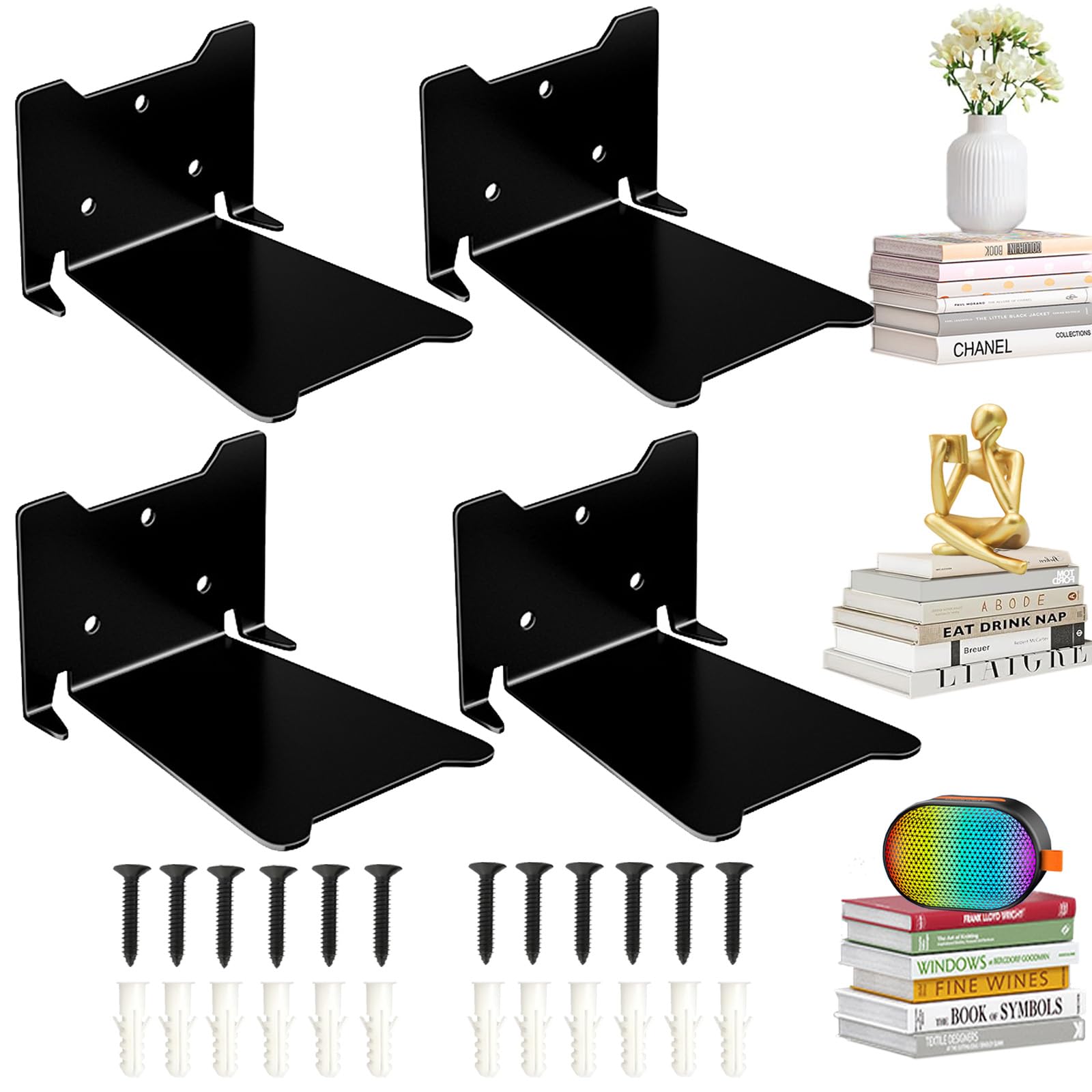 VEEBELL Invisible Floating Bookshelves Wall Mounted, Heavy-Duty Book Organizers, Hidden Book Shelf Metal Shelves Holder for Books Storage Bedroom Living Room Home Office, Black 4-Pack Large