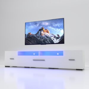 banzeem led tv stand for 80 inch tv, modern entertainment cente with light string 31 modes full color selection, long tv console with large storage and power cord for 70 75 80 inch tv, white