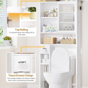 Cozivolife Over The Toilet Storage Cabinet with Acrylic Door Panel and Paper Towel Drawer, Bamboo Toilet Shelf, Organizer Rack Above Toilet for Bathroom (Without Power Strip, White)