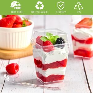 Qeirudu 50 Pack 5 oz Dessert Cups with High Lids and Spoons, Mini Plastic Yogurt Parfait Cups Square Party Serving Cup for Pudding, Appetizer, Fruit and Ice Cream