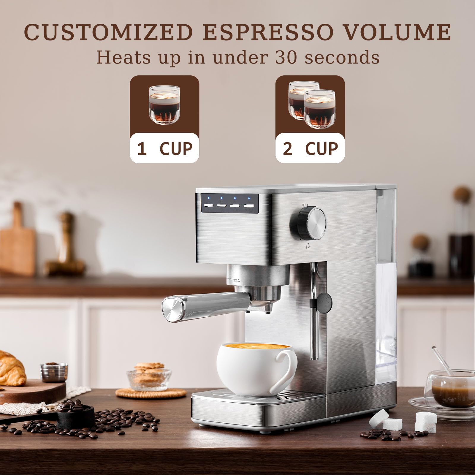 Auertech Espresso Machine, 15 Bar Stainless Steel Coffee Maker with Milk Frother, Cappuccino Latte Machine with 41oz Removable Water Tank, Compact 2-Cup Coffee Machine