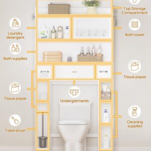 Cozivolife Over The Toilet Storage Cabinet with Acrylic Sliding Door Panel,Bamboo Organizer Shelf with 2 Toilet Paper Drawers and 1 Big Drawer,Toilet Rack for Bathroom (White)