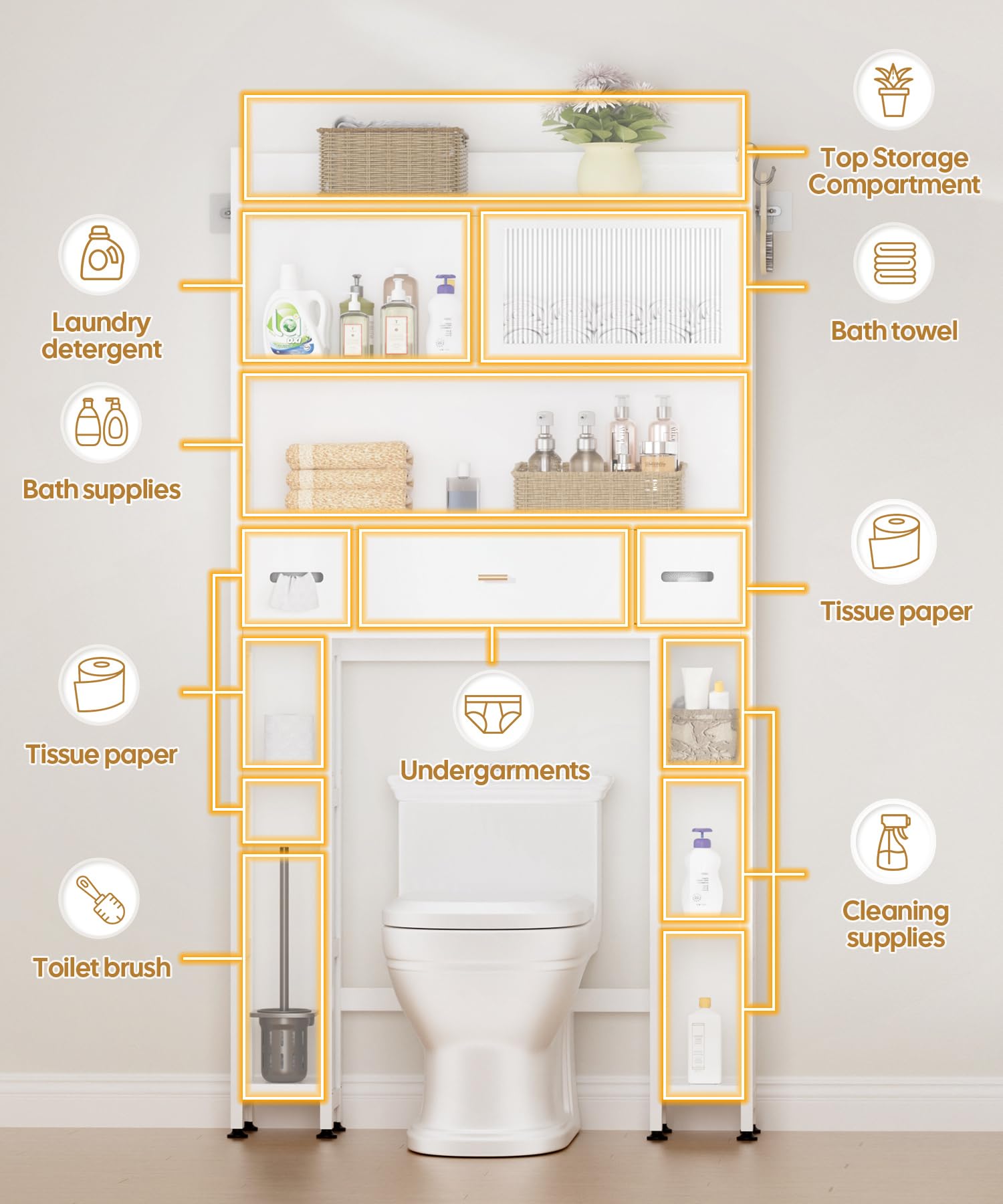 Cozivolife Over The Toilet Storage Cabinet with Acrylic Sliding Door Panel,Bamboo Organizer Shelf with 2 Toilet Paper Drawers and 1 Big Drawer,Toilet Rack for Bathroom (White)