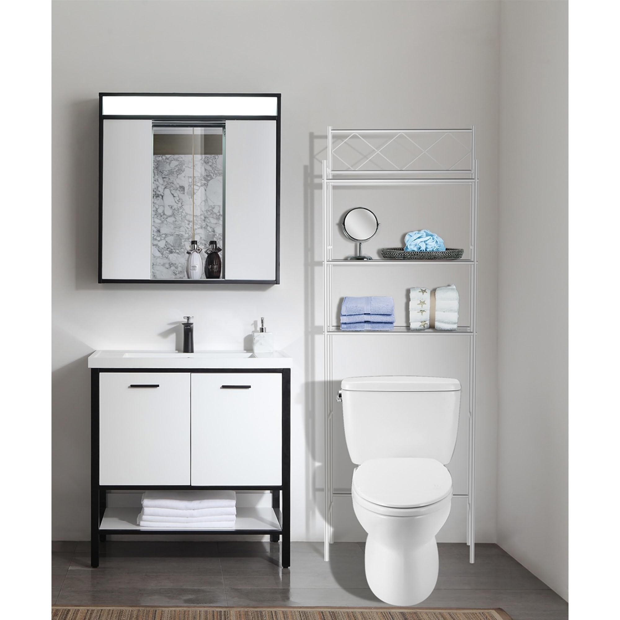 PREMIUS 3 Tier Metal Bathroom Space Saver with Powder Coating, Crafted from Sturdy Metal with a Smooth Finish with Freestanding Shelf, Featuring 3 Open Wire Shelves, 65x23.5x9.75 Inches (White)