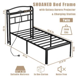 SHOANED Twin Size Metal Bed Frame - 18 Inch Heavy Duty Bedframe with Headboard & Charging Station Basic Steel Slats Platform with Galaxy Aurora Projector No Box Spring Needed, Noise-Free