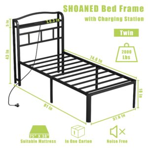 SHOANED 18 Inch Metal Bed Frame - Twin Size Black Heavy Duty Bedframe Platform Basic Mattress Foundation with Headboard & Charging Station No Box Spring Needed/Easy Assembly/Noise-Free