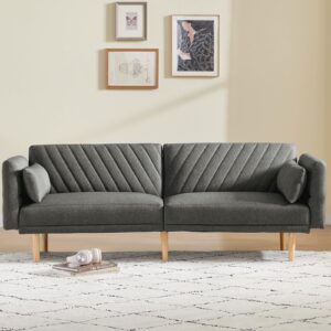 willove futon sofa bed, 78" modern futon couch, 3 seater folding bed tufted couch with adjustable backrests and armrest, solid wood legs for living room, bedroom, small room, gray