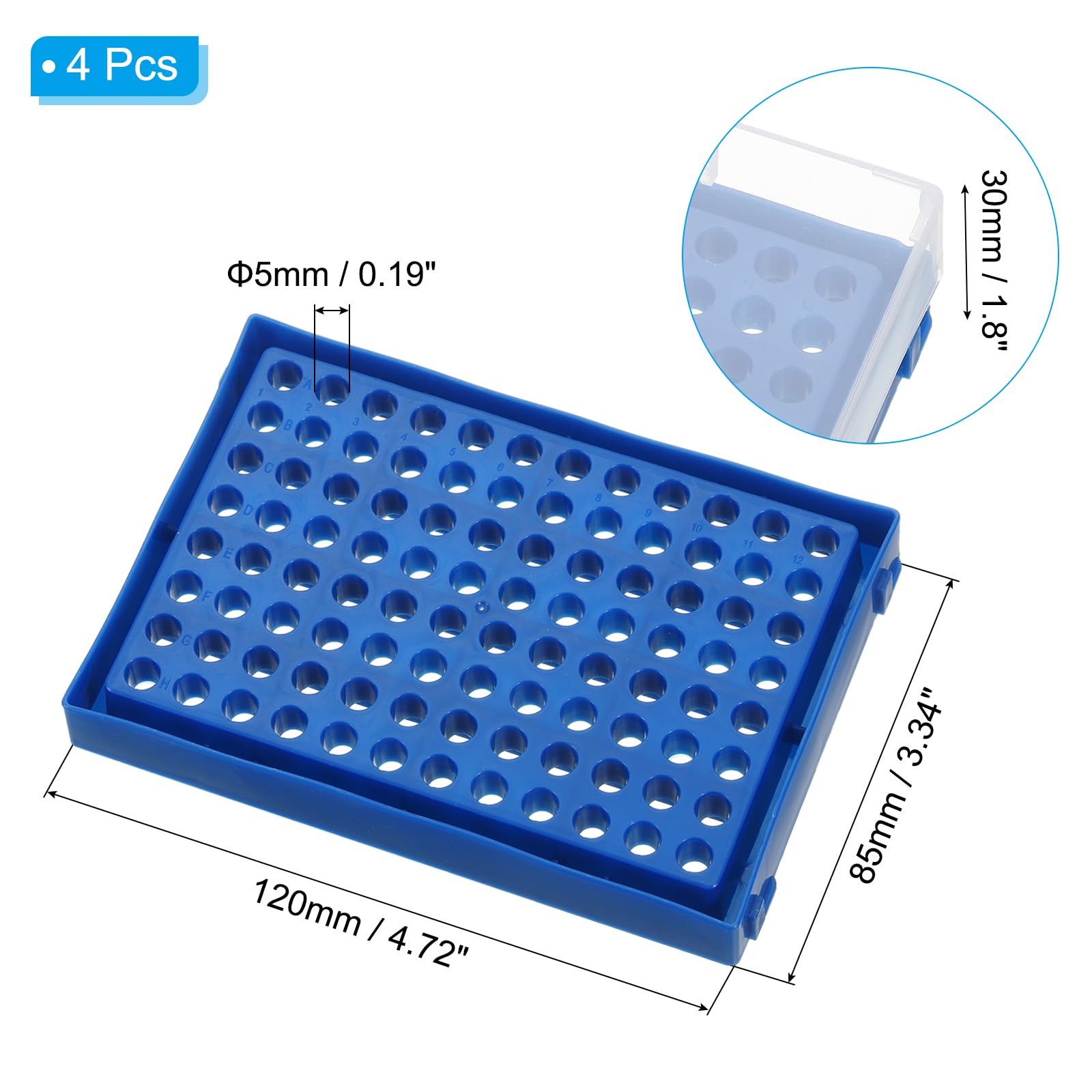 PATIKIL 96 Wells PCR Tube Rack for 0.2ml Test Strips Tubes, 4pcs Waterproof Tubes Filling Tray Centrifuge Tube Holder, Blue