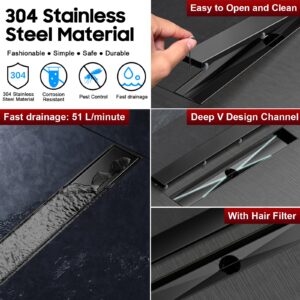 DLONE Linear Shower Drain, 24 Inch AISI 304 Stainless Steel Shower Floor Drain with Tile Insert Grate, High-end Linear Drain with Leveling Feet and Hair Catcher. (Matte Black)