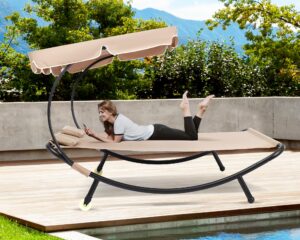 outdoor double chaise lounge bed with canopy, patio lounger bed for 2 person sunlight hammock daybed with portable wheels, pillow for garden sun room poolside