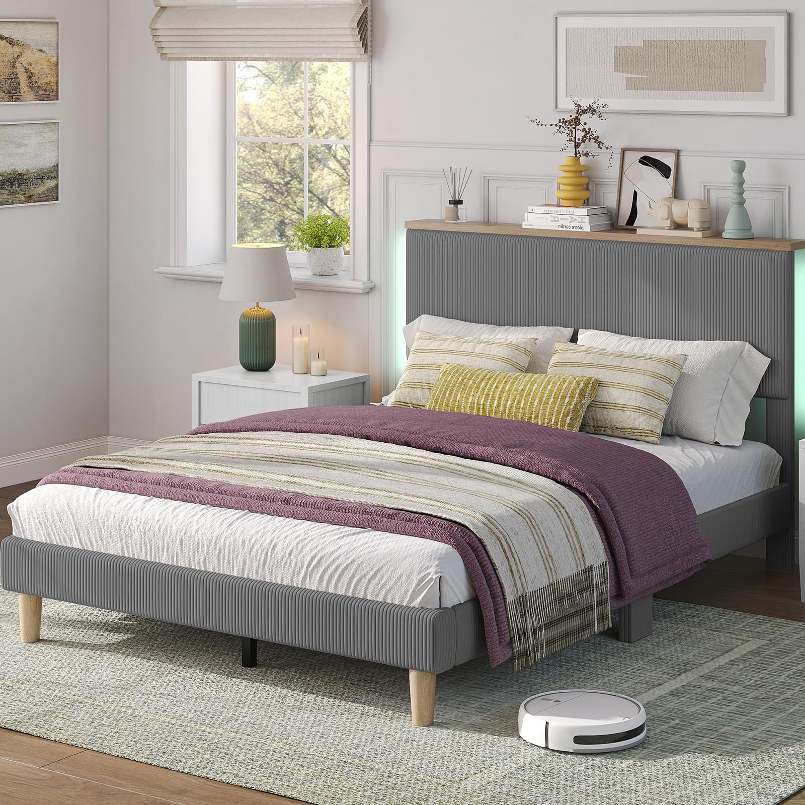 Bestier Queen Size Bed Frame with Headboard, Corduroy Upholstered Adjustable Platform Bed with Storage Shelf, Bedside LED Bed Frame, Solid Wood Slats Support, No Box Spring, No Squeaks(Grey)