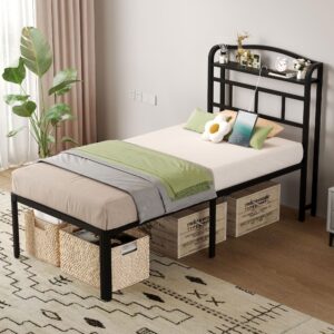 SHOANED 18 Inch Metal Bed Frame - Twin Size Black Heavy Duty Bedframe Platform Basic Mattress Foundation with Headboard & Charging Station No Box Spring Needed/Easy Assembly/Noise-Free